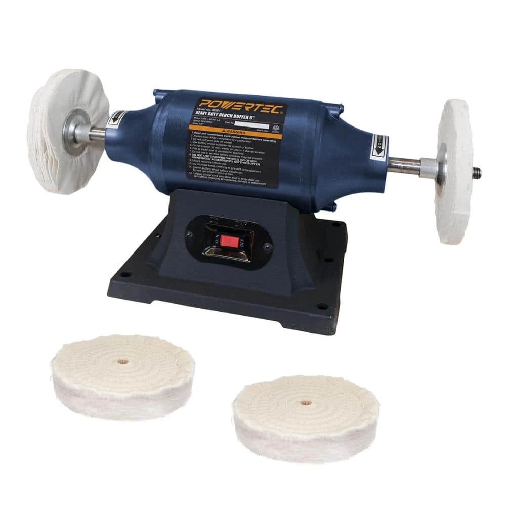 POWERTEC 6 in. Heavy-Duty Bench Buffer with 2 Extra Thick Spiral Sewn Buffing Wheels 3 POWERTEC 6 in. Heavy-Duty Bench Buffer with 2 Extra Thick Spiral Sewn Buffing Wheels