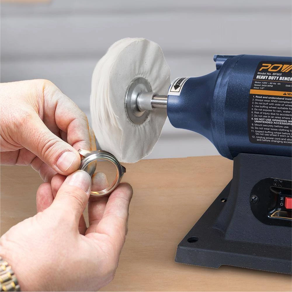 POWERTEC 6 in. Heavy-Duty Bench Buffer with 2 Extra Thick Spiral Sewn Buffing Wheels 9 POWERTEC 6 in. Heavy-Duty Bench Buffer with 2 Extra Thick Spiral Sewn Buffing Wheels - Image 7