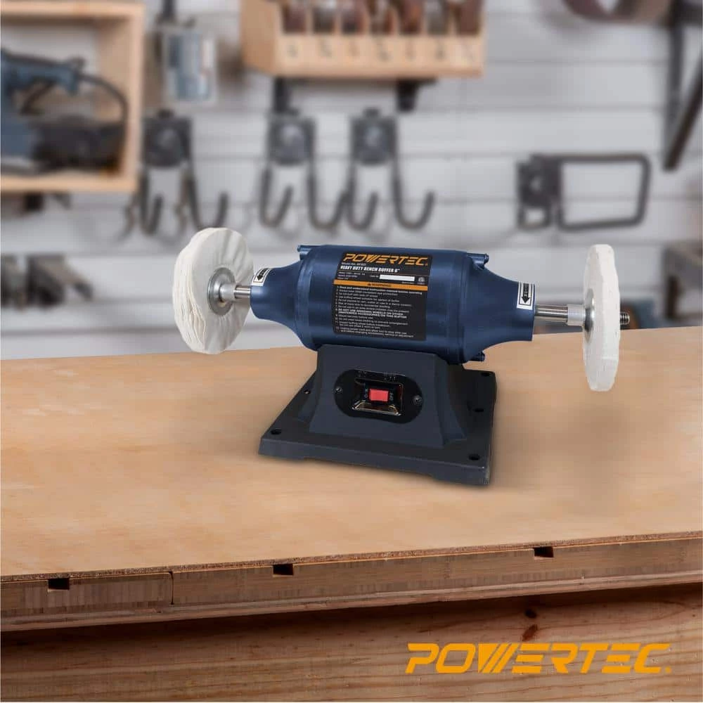 POWERTEC 6 in. Heavy-Duty Bench Buffer with 2 Extra Thick Spiral Sewn Buffing Wheels 8 POWERTEC 6 in. Heavy-Duty Bench Buffer with 2 Extra Thick Spiral Sewn Buffing Wheels - Image 6