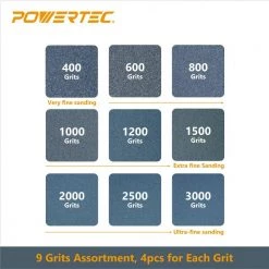POWERTEC 9 in. x 3.6 in. 4 of each 400, 600, 800, 1000, 1200, 1500, 2000, 2500, 3000 Assorted Grit Wet Dry Sandpaper (36-Pack) -Cheap POWERTEC Store powertec detail sanding sheets 471001 fa 1000 1