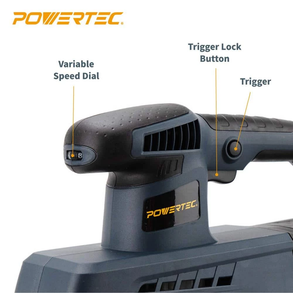 POWERTEC 1/2 Sheet Variable Orbital Sander with Hole Punch Plate, 2.5 Amp Corded, Sandpaper Pad and Dust Collection Box 8 POWERTEC 1/2 Sheet Variable Orbital Sander with Hole Punch Plate, 2.5 Amp Corded, Sandpaper Pad and Dust Collection Box - Image 6