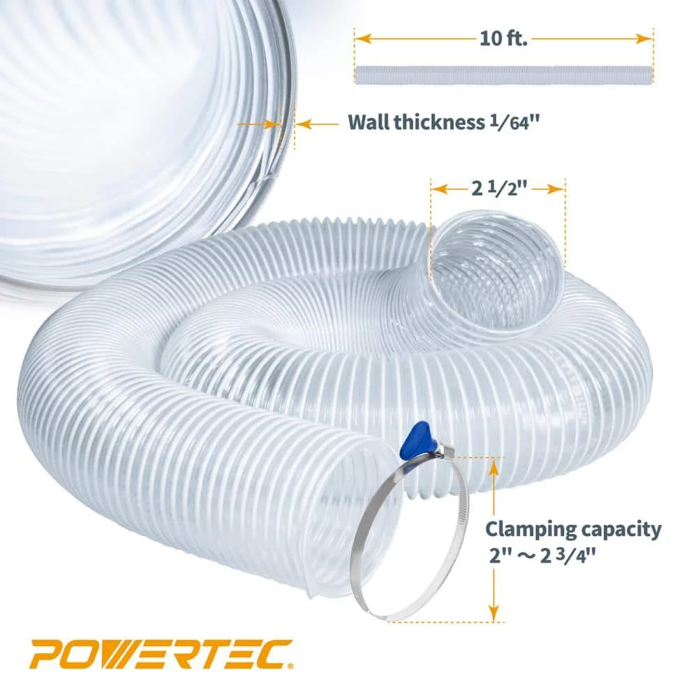 POWERTEC 2-1/2 in. x 10 ft. Clear Flexible PVC Dust Collection Hose with 2 Key Hose Clamps 9 POWERTEC 2-1/2 in. x 10 ft. Clear Flexible PVC Dust Collection Hose with 2 Key Hose Clamps - Image 7