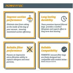 POWERTEC Self-Cleaning Fleece Bag Replacement for Makita VC4710 Wet/Dry Vacuum (5-Pack) -Cheap POWERTEC Store powertec dust collector accessories 75052 76 1000