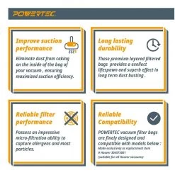 POWERTEC High Efficiency Filter Bag Replacement for Hoover Vacuum Style Y/Z 2 Ply Allergen Vacuum Filter Bag (10-Pack) -Cheap POWERTEC Store powertec dust collector accessories 75057 76 1000