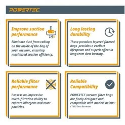 POWERTEC Self-Cleaning Fleece Bag Replacement for Festool CT SYS (5-Pack) -Cheap POWERTEC Store powertec dust collector accessories 75059 76 1000