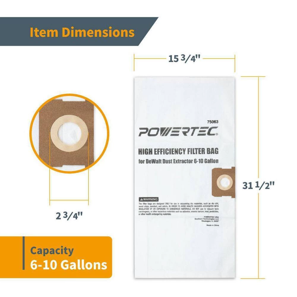 POWERTEC Filter Bags for DeWalt 6 Gal. to 10 Gal. Dust Extractors (10-Pack) 6 POWERTEC Filter Bags for DeWalt 6 Gal. to 10 Gal. Dust Extractors (10-Pack) - Image 4