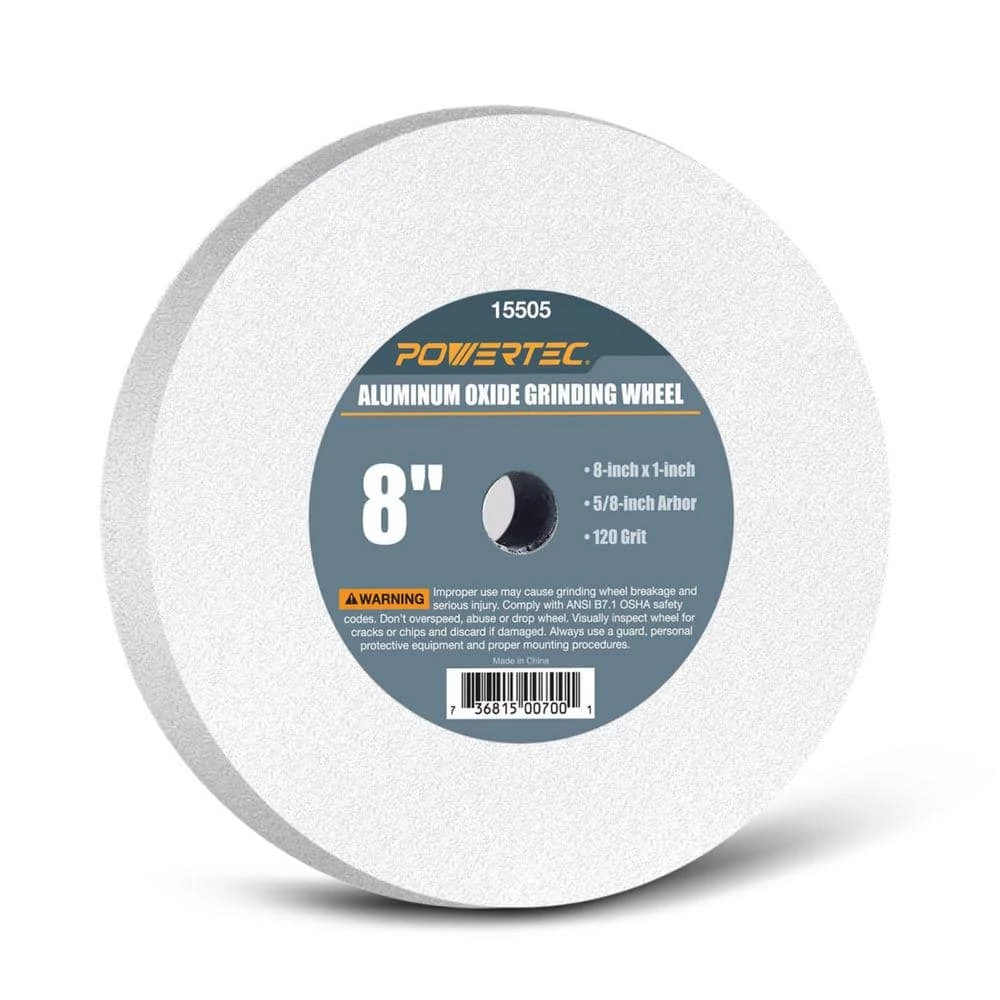 POWERTEC 8 in. x 1 in. x 5/8 in. 120 Grit White Aluminum Oxide Grinding Wheel 3 POWERTEC 8 in. x 1 in. x 5/8 in. 120 Grit White Aluminum Oxide Grinding Wheel