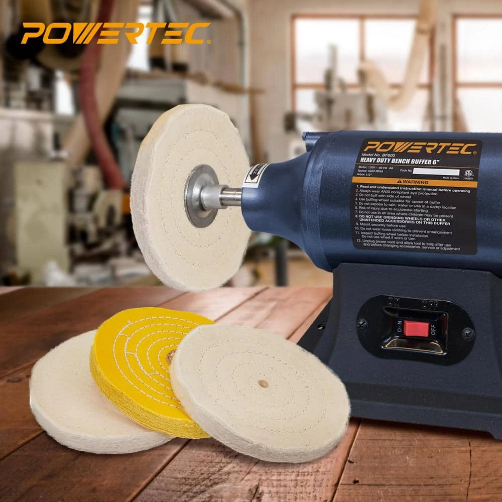 POWERTEC 6 in. Bench Grinder Buffing Wheel Kit with 3-piecs Polishing Compound Set 7 POWERTEC 6 in. Bench Grinder Buffing Wheel Kit with 3-piecs Polishing Compound Set - Image 5
