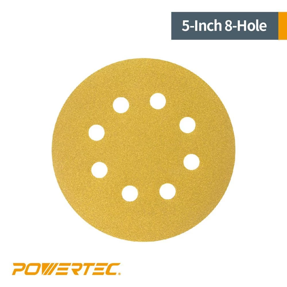POWERTEC 5 in. 80-Grit, 100-Grit, 120-Grit, 150-Grit, 220-Grit 8-Hole A/O Hook and Loop Sanding Disc Assortment in Gold (50-Pack) 6 POWERTEC 5 in. 80-Grit, 100-Grit, 120-Grit, 150-Grit, 220-Grit 8-Hole A/O Hook and Loop Sanding Disc Assortment in Gold (50-Pack) - Image 4