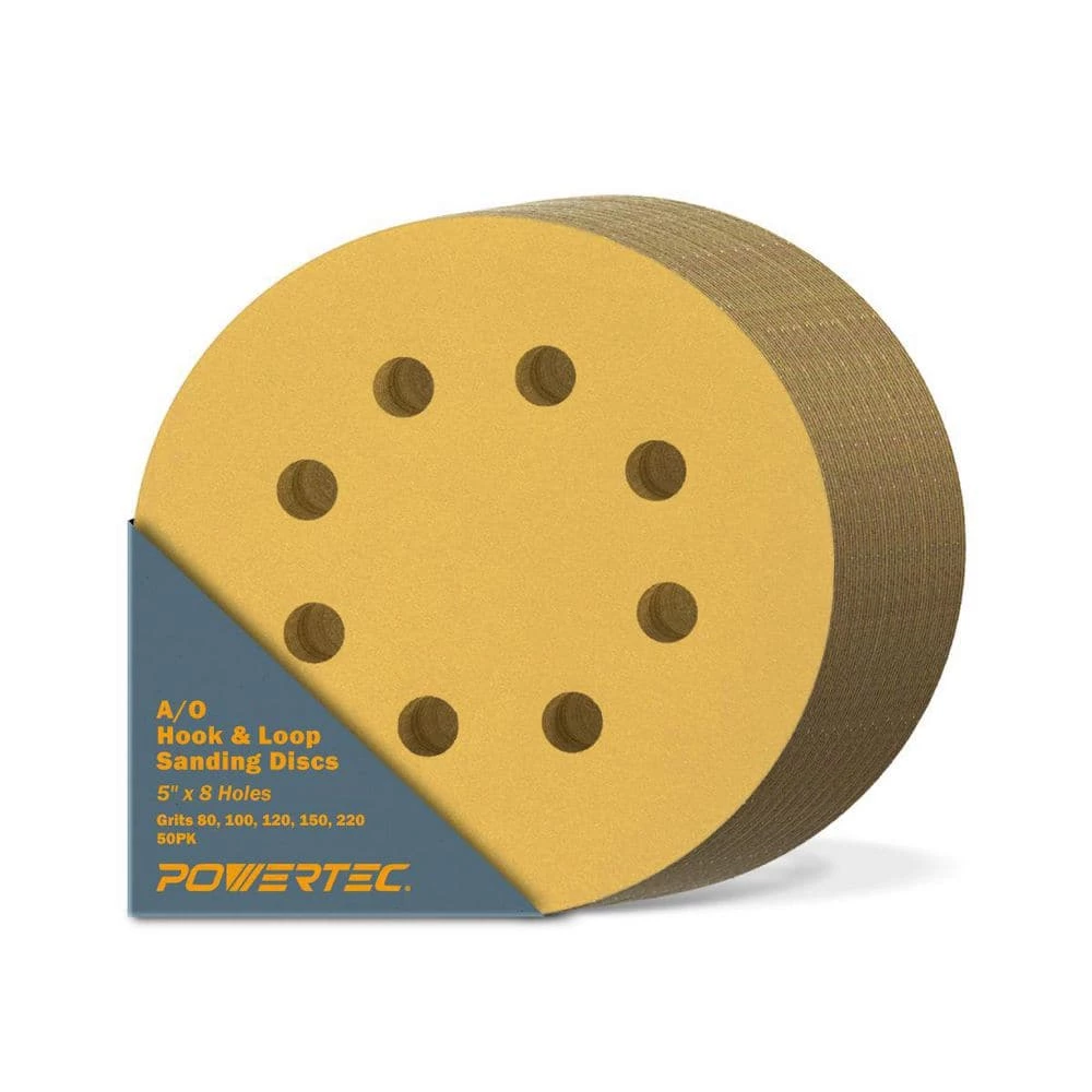 POWERTEC 5 in. 80-Grit, 100-Grit, 120-Grit, 150-Grit, 220-Grit 8-Hole A/O Hook and Loop Sanding Disc Assortment in Gold (50-Pack) 3 POWERTEC 5 in. 80-Grit, 100-Grit, 120-Grit, 150-Grit, 220-Grit 8-Hole A/O Hook and Loop Sanding Disc Assortment in Gold (50-Pack)