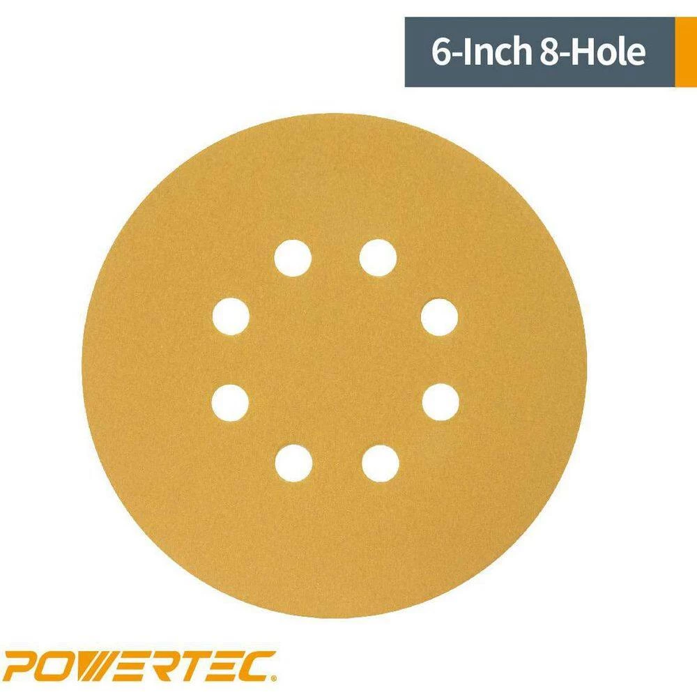 POWERTEC 6 in. A/O Hook and Loop 8-Hole Sanding Disc Assortment Grits 80,100,120,150,220 in Gold (50-Pack) 5 POWERTEC 6 in. A/O Hook and Loop 8-Hole Sanding Disc Assortment Grits 80,100,120,150,220 in Gold (50-Pack) - Image 3