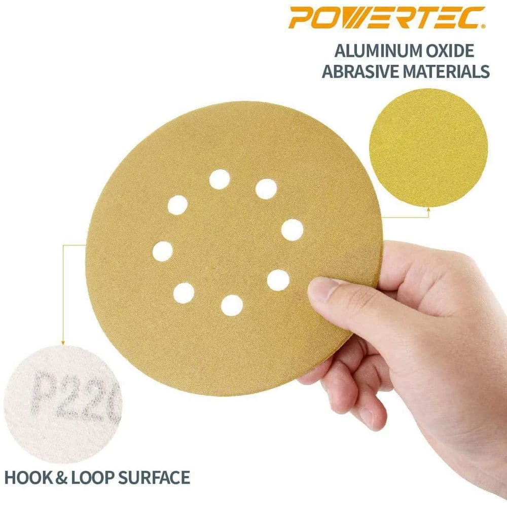 POWERTEC 6 in. A/O Hook and Loop 8-Hole Sanding Disc Assortment Grits 80,100,120,150,220 in Gold (50-Pack) 4 POWERTEC 6 in. A/O Hook and Loop 8-Hole Sanding Disc Assortment Grits 80,100,120,150,220 in Gold (50-Pack) - Image 2