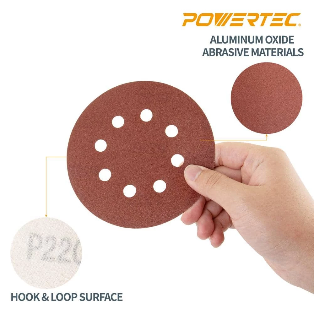 POWERTEC 5 in. 60-Grit Aluminum Oxide Hook and Loop 8-Hole Disc (25-Pack) 6 POWERTEC 5 in. 60-Grit Aluminum Oxide Hook and Loop 8-Hole Disc (25-Pack) - Image 4