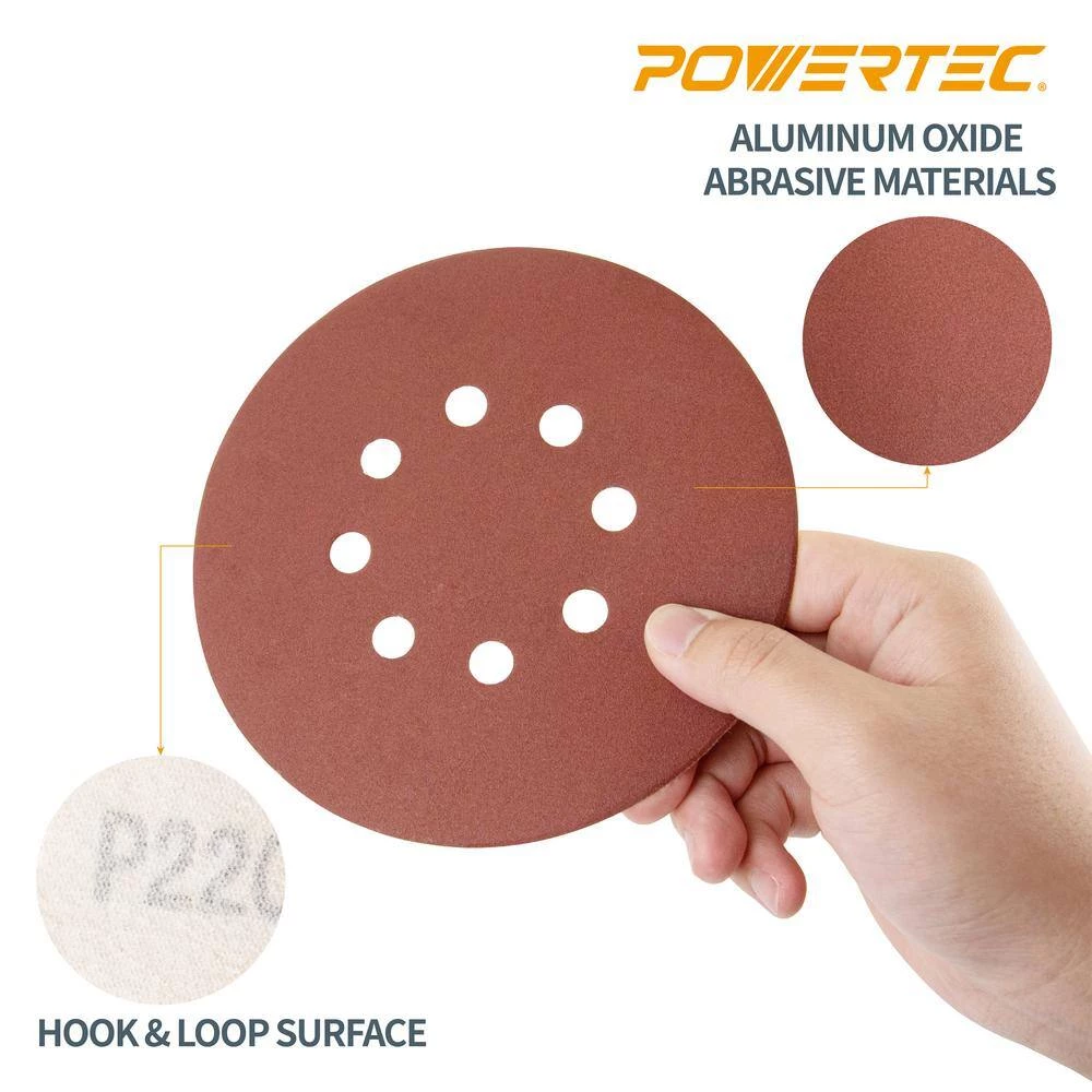 POWERTEC 6 in. 240-Grit Aluminum Oxide Hook and Loop 8-Hole Disc (25-Pack) 6 POWERTEC 6 in. 240-Grit Aluminum Oxide Hook and Loop 8-Hole Disc (25-Pack) - Image 4