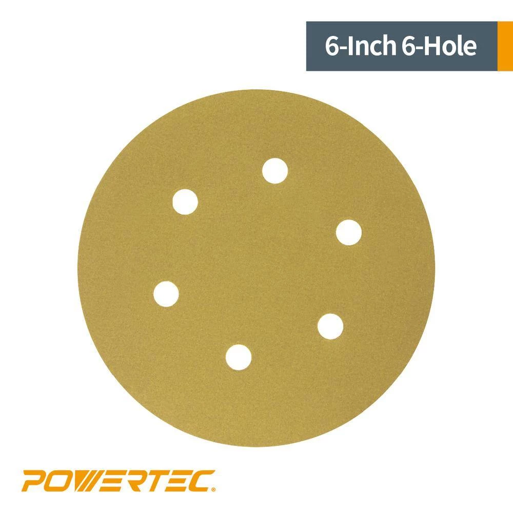 POWERTEC 6 in. A/O Hook and Loop 6-Hole Sanding Disc Assortment Grits 80,100,120,150,220 in Gold (50-Pack) 6 POWERTEC 6 in. A/O Hook and Loop 6-Hole Sanding Disc Assortment Grits 80,100,120,150,220 in Gold (50-Pack) - Image 4