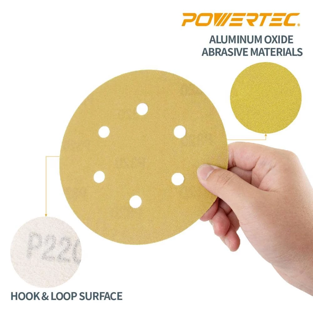 POWERTEC 6 in. A/O Hook and Loop 6-Hole Sanding Disc Assortment Grits 80,100,120,150,220 in Gold (50-Pack) 7 POWERTEC 6 in. A/O Hook and Loop 6-Hole Sanding Disc Assortment Grits 80,100,120,150,220 in Gold (50-Pack) - Image 5