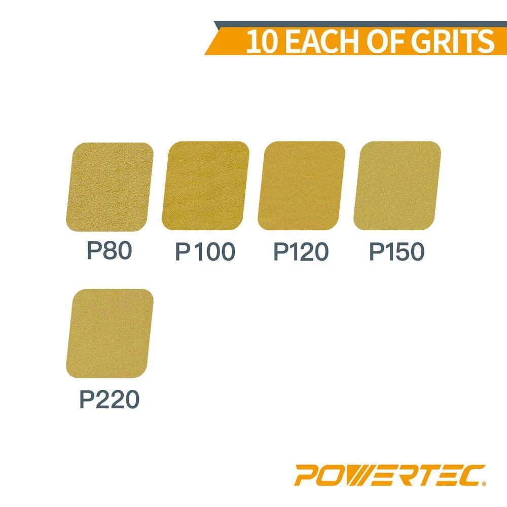 POWERTEC 6 in. A/O Hook and Loop 6-Hole Sanding Disc Assortment Grits 80,100,120,150,220 in Gold (50-Pack) 5 POWERTEC 6 in. A/O Hook and Loop 6-Hole Sanding Disc Assortment Grits 80,100,120,150,220 in Gold (50-Pack) - Image 3