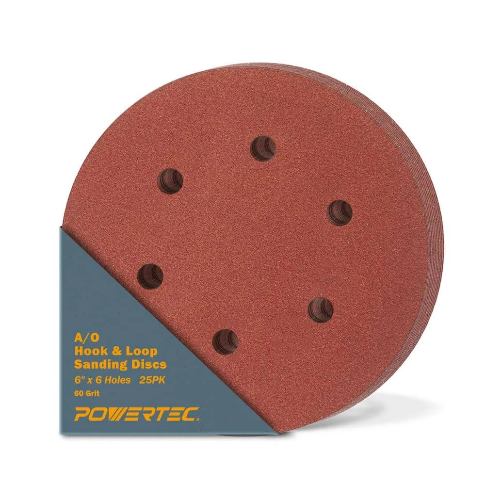 POWERTEC 6 in. 60-Grit Aluminum Oxide Hook and Loop 6 Hole Disc (25-Pack) 3 POWERTEC 6 in. 60-Grit Aluminum Oxide Hook and Loop 6 Hole Disc (25-Pack)