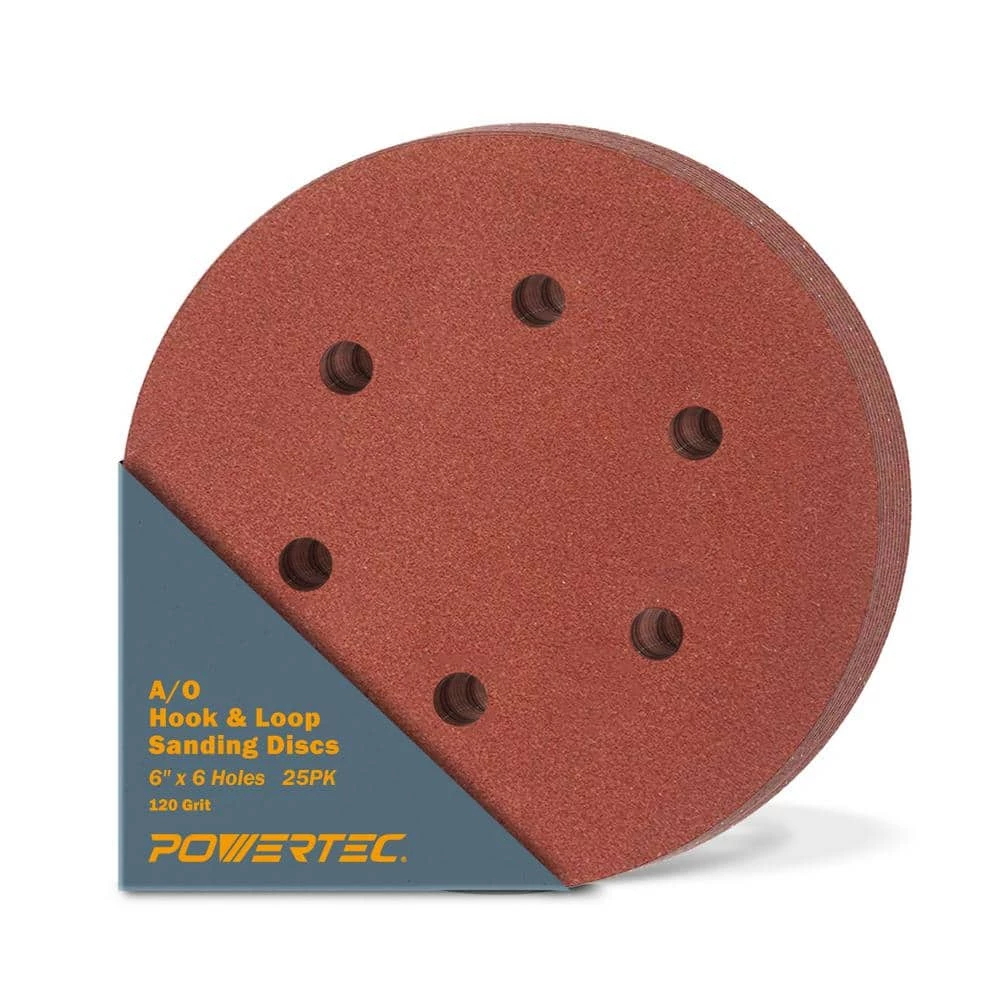 POWERTEC 6 in. 120-Grit Aluminum Oxide Hook and Loop 6-Hole Disc (25-Pack) 3 POWERTEC 6 in. 120-Grit Aluminum Oxide Hook and Loop 6-Hole Disc (25-Pack)