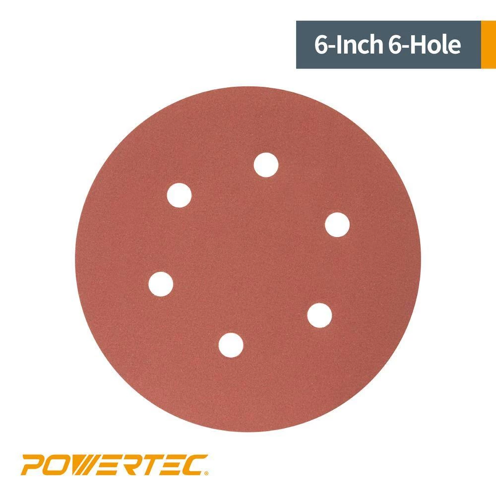 POWERTEC 6 in. 180-Grit Aluminum Oxide Hook and Loop 6-Hole Disc (25-Pack) 6 POWERTEC 6 in. 180-Grit Aluminum Oxide Hook and Loop 6-Hole Disc (25-Pack) - Image 4