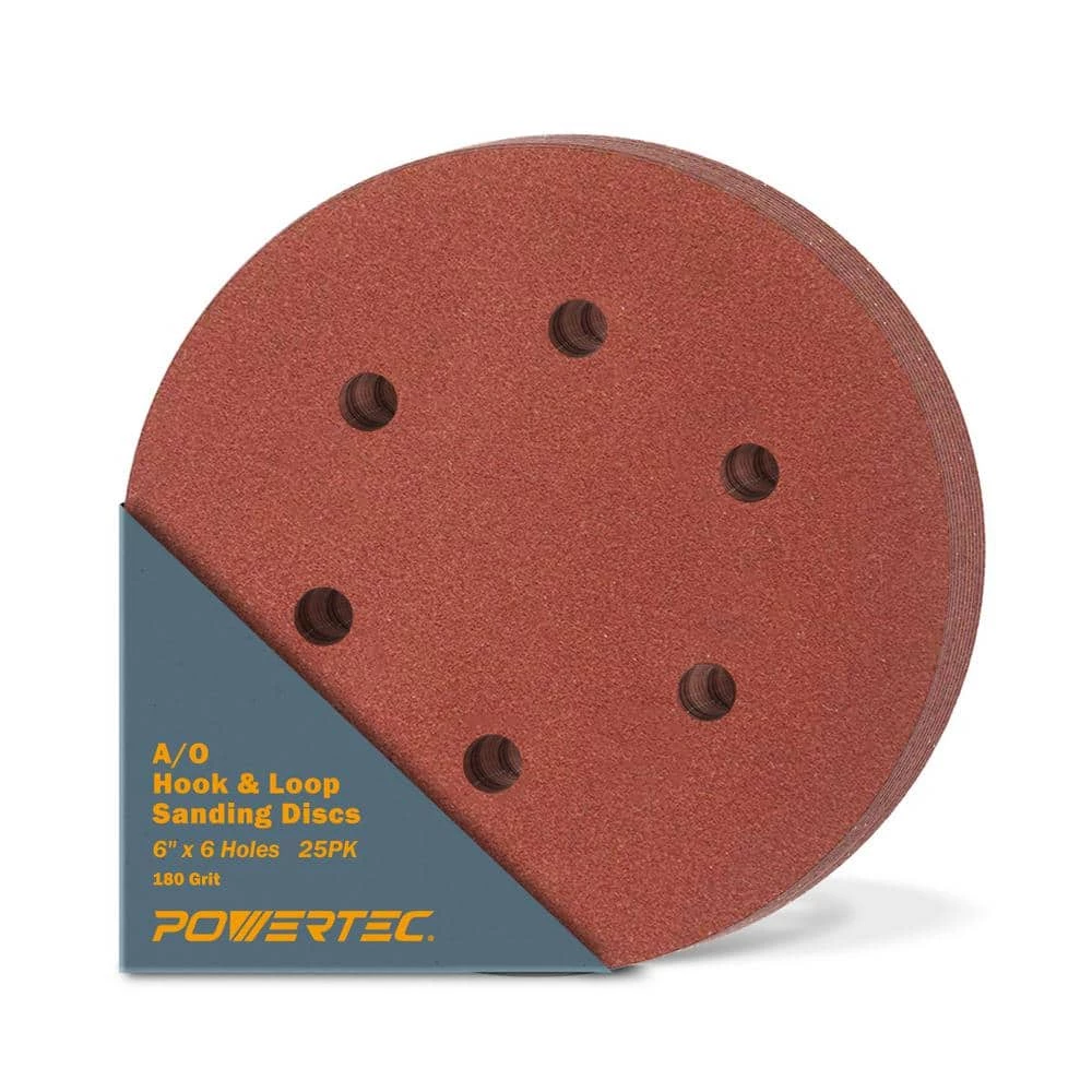 POWERTEC 6 in. 180-Grit Aluminum Oxide Hook and Loop 6-Hole Disc (25-Pack) 3 POWERTEC 6 in. 180-Grit Aluminum Oxide Hook and Loop 6-Hole Disc (25-Pack)