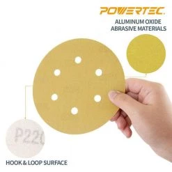 POWERTEC 6 in. 6 Hole 220-Grit Hook and Loop Sanding Discs in Gold (50-Pack) -Cheap POWERTEC Store powertec power sander accessories 45222g 50 31 1000