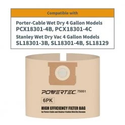 POWERTEC 4 Gal. Filter Bags for Porter Cable, Stanley 25-1238 Wet Dry Vacuum (6-Pack) -Cheap POWERTEC Store powertec shop vacuum attachments 75051 p2 c3 1000