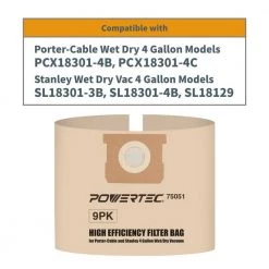 POWERTEC 4 Gal. Filter Bags for Porter Cable, Stanley 25-1238 Wet Dry Vacuum (9-Pack) -Cheap POWERTEC Store powertec shop vacuum attachments 75051 p3 c3 1000 1