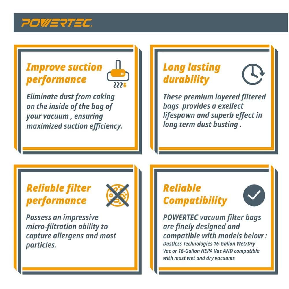 POWERTEC Self-Cleaning Fleece Bag Replacement for Dustless Technologies Wet Dry Vacuums (3-Pack) 8 POWERTEC Self-Cleaning Fleece Bag Replacement for Dustless Technologies Wet Dry Vacuums (3-Pack) - Image 6